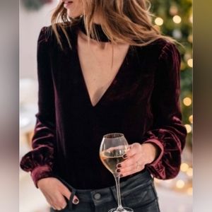 New Paige Burgundy Tamar Velvet Choker Blouse Long Sleeve Size Medium